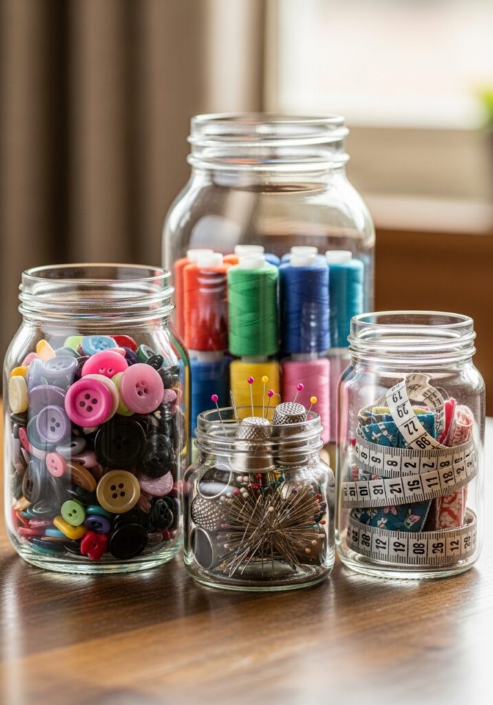 Clear jar storage organizing small sewing tools