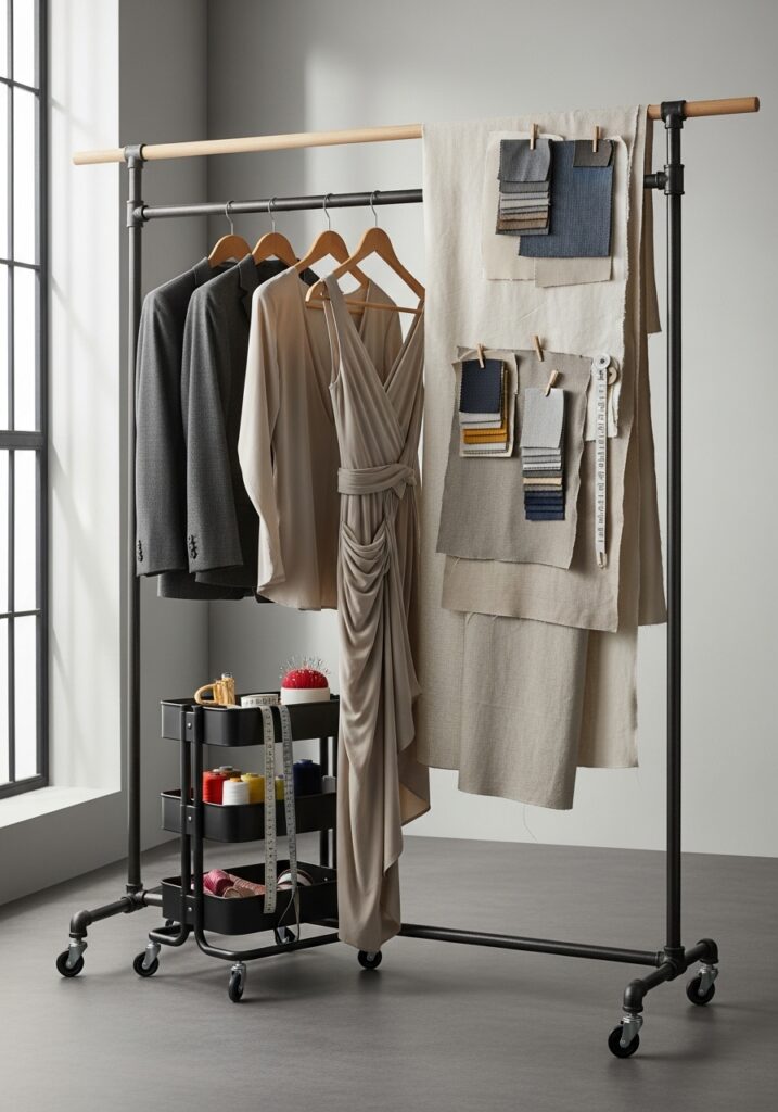 Industrial clothing rack displaying unfinished sewing projects on hangers