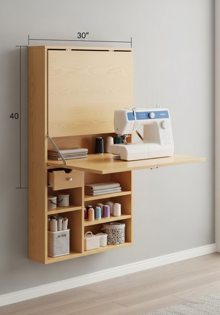 Fold-down sewing table saving space in sewing room