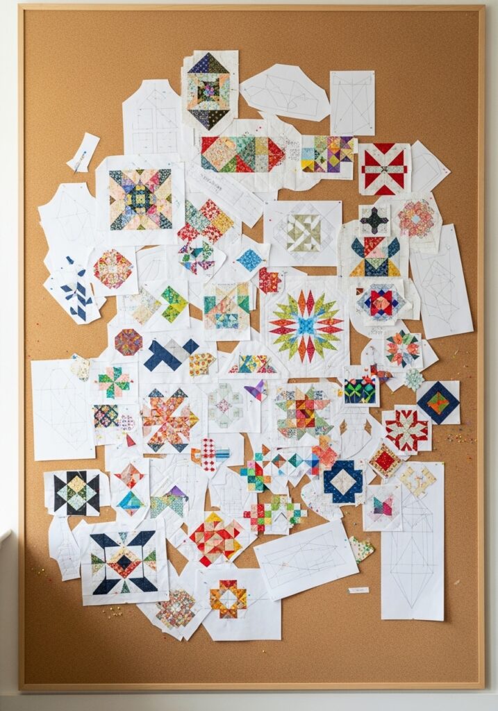 Large cork board wall for arranging quilt blocks and planning sewing projects