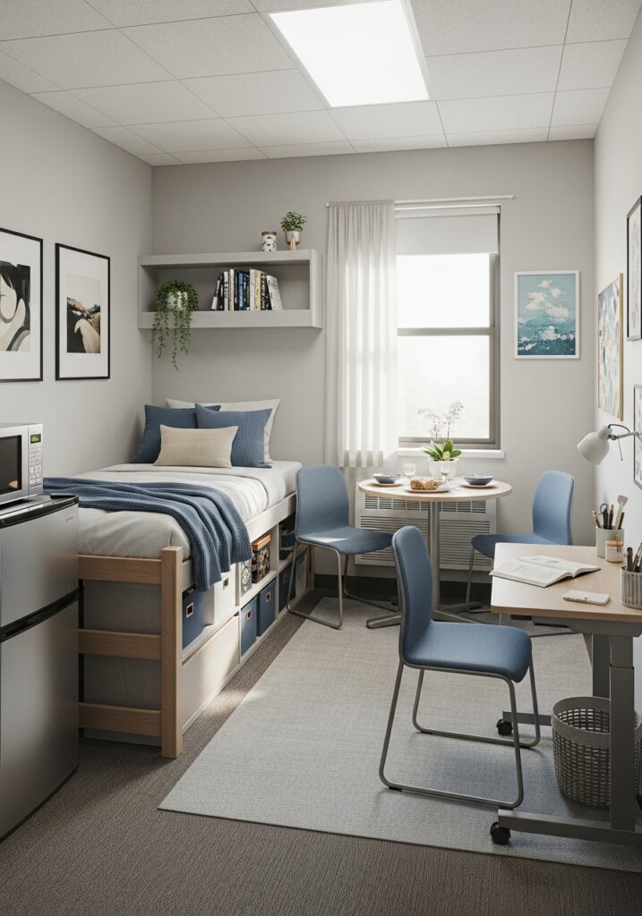 Compact furniture creating spacious feel in dorm room