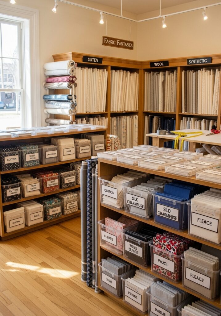 Fabric storage organized by material type in sewing room