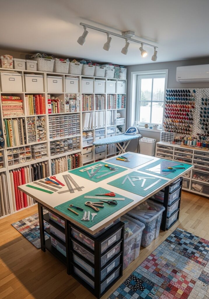  Sewing room layout centered around a cutting table for fabric handling