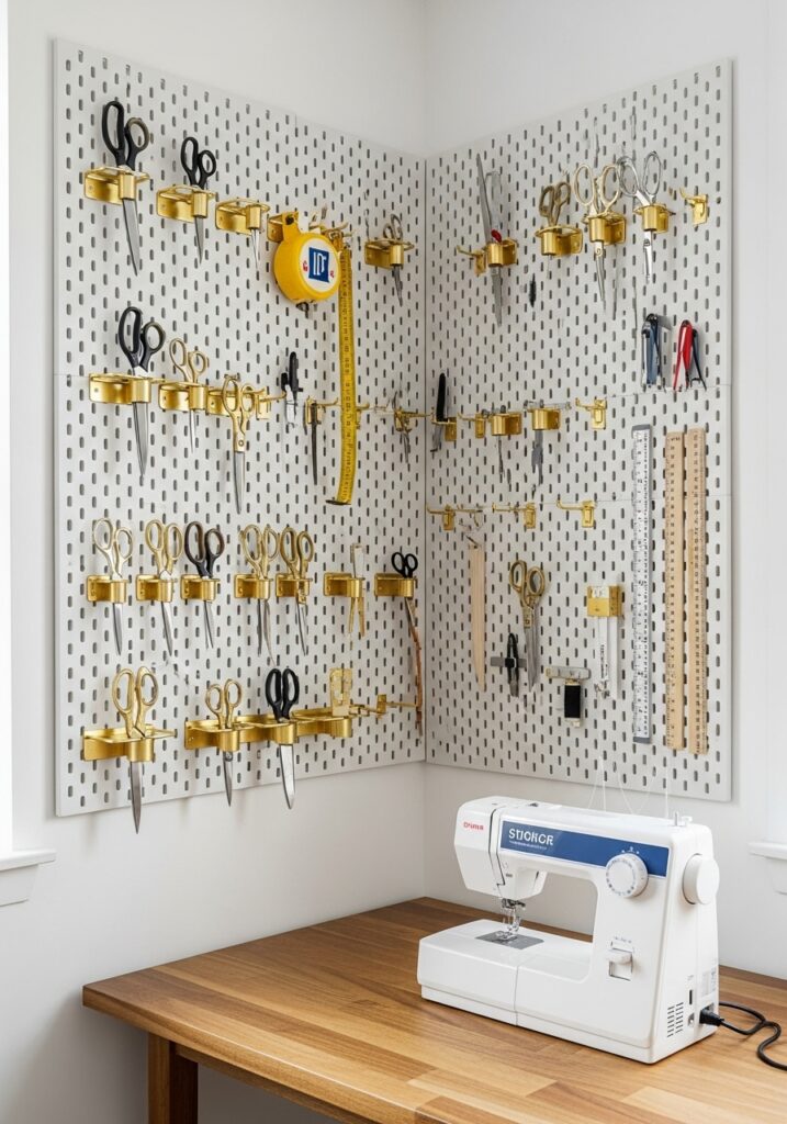Floor to ceiling pegboard organization system with sewing tools in creative workspace