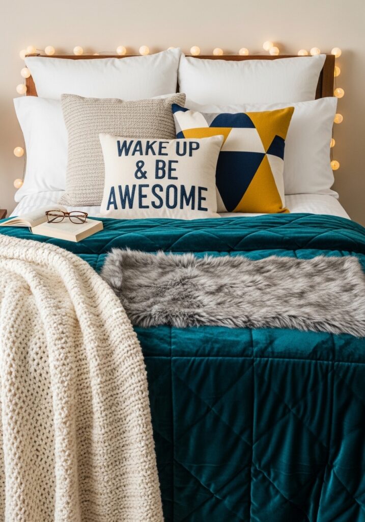 Layered bedding creating a cozy and inviting dorm room bed
