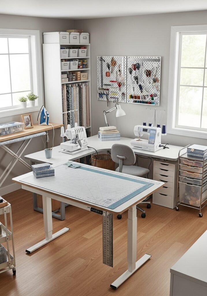  Adjustable work surface sewing room layout for ergonomic comfort