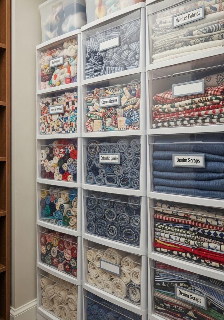 Stacked clear storage bins with labels organizing fabric by type and season