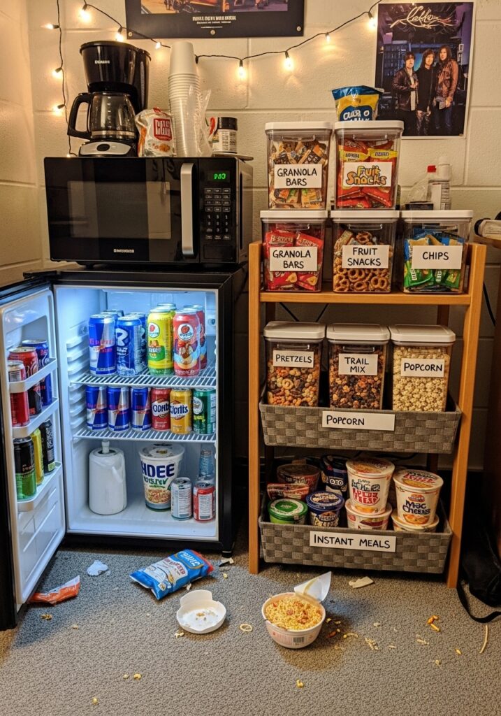  Snack storage containers organizing dorm room food items