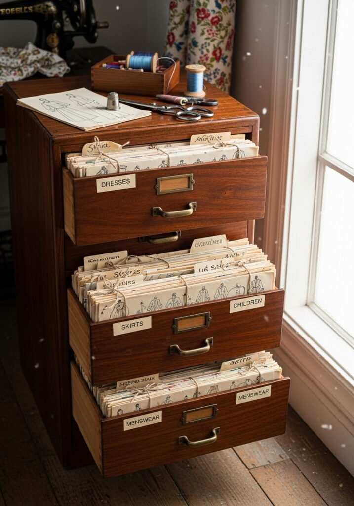 Sewing pattern filing cabinet storage system