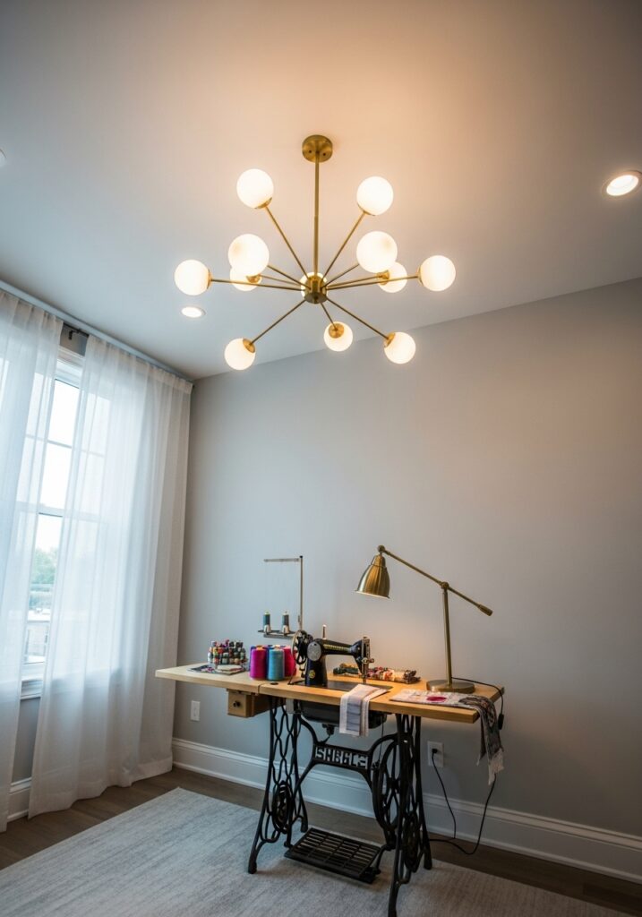 Modern brass chandelier providing stylish ambient lighting in sewing room