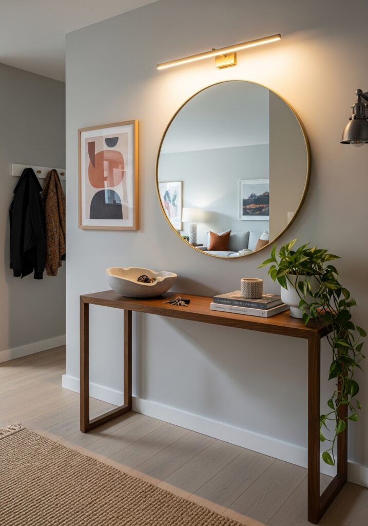 Styled apartment entryway creating welcoming atmosphere