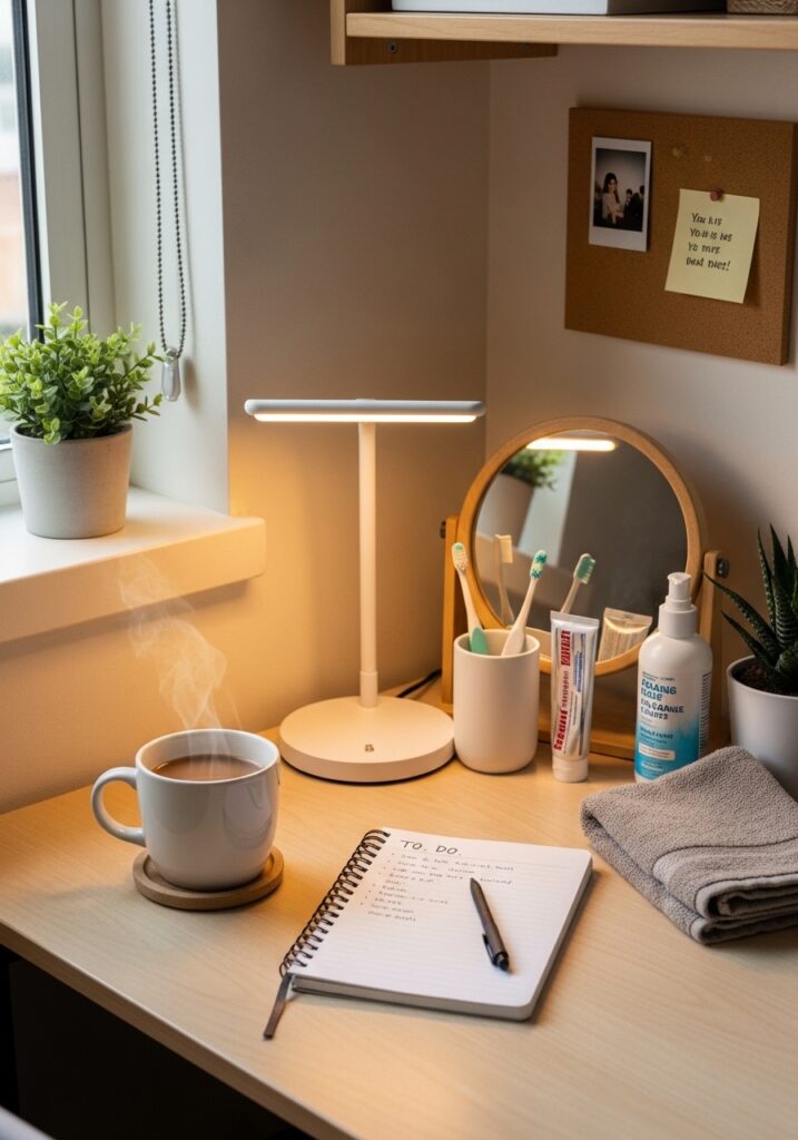 Morning routine station organized in dorm room