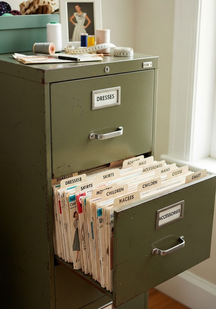 Sewing pattern filing cabinet organization
