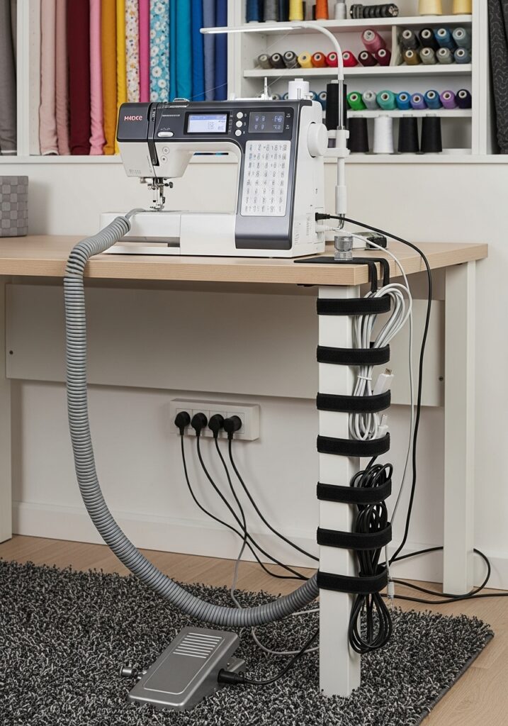Cable management keeping sewing room organized and safe