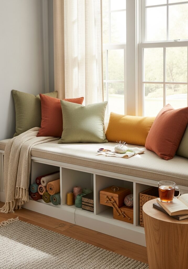 Built-in window seat with hidden storage for fabric and sewing supplies
