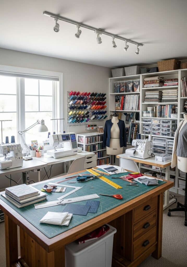 Professional sewing studio setup at home