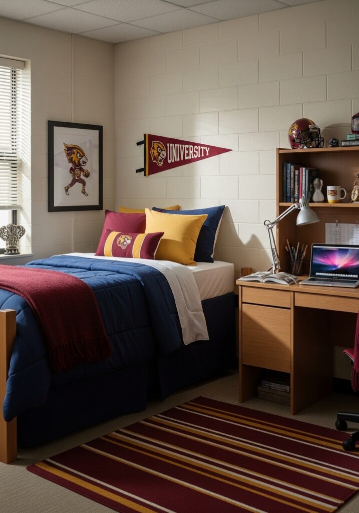 School spirit decor accents in dorm room
