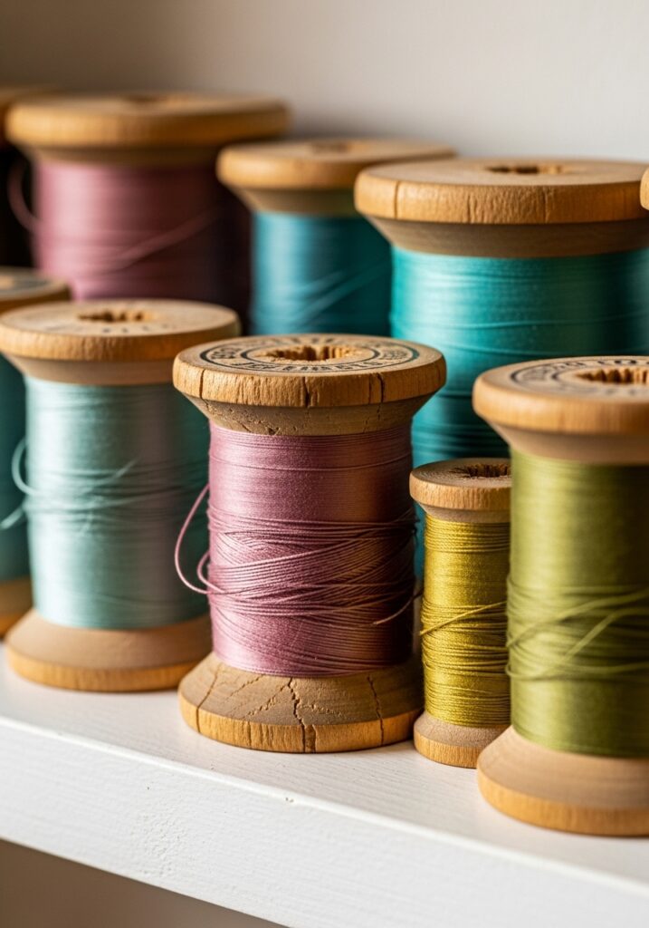 Vintage wooden thread spools displayed as decorative objects on white shelf