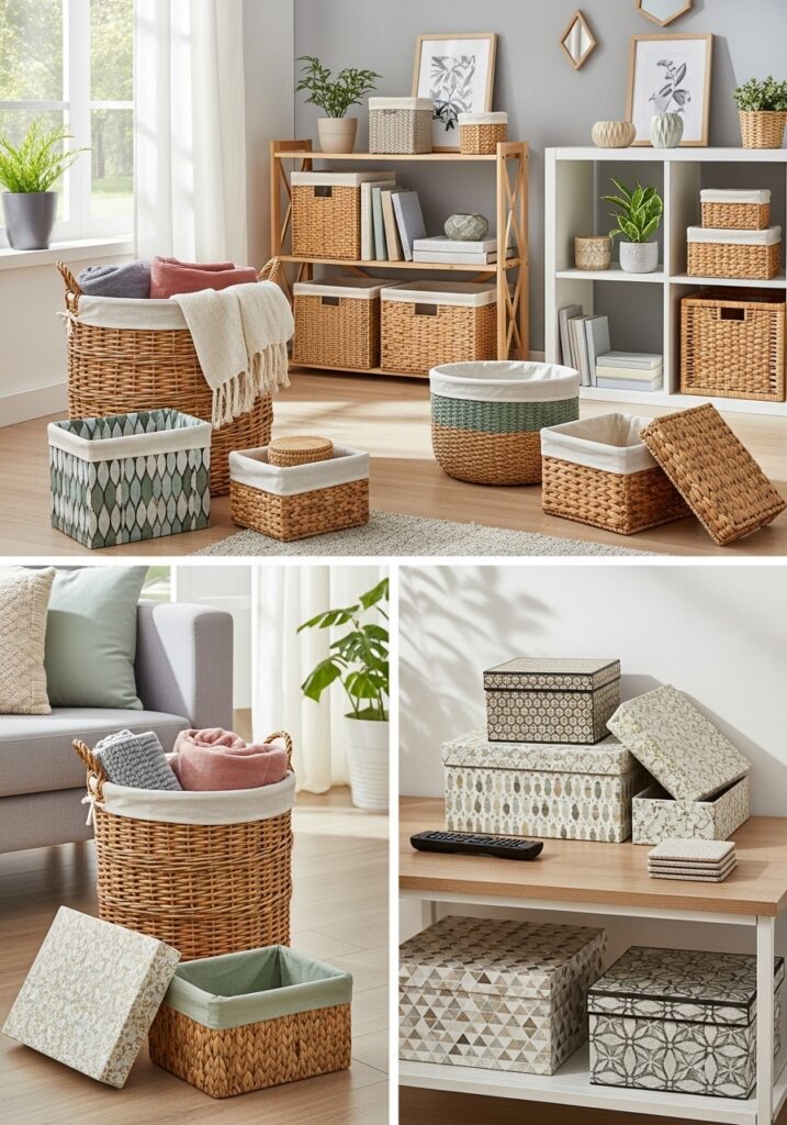 Decorative storage solutions hiding clutter in apartment