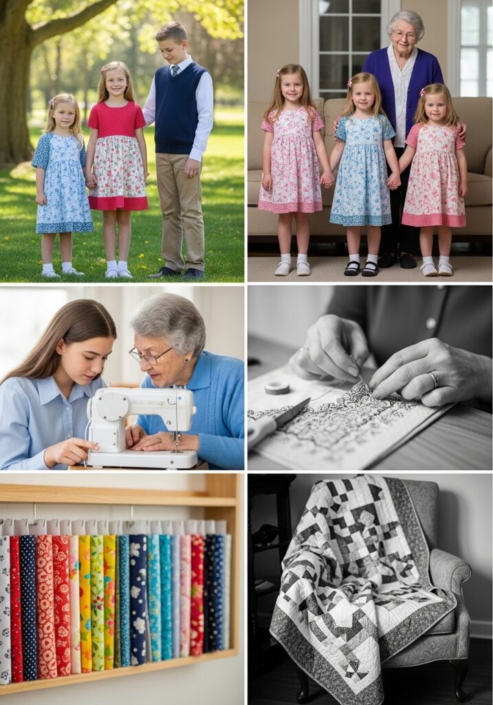 Gallery wall of personal photos showing finished sewing projects and creative journey