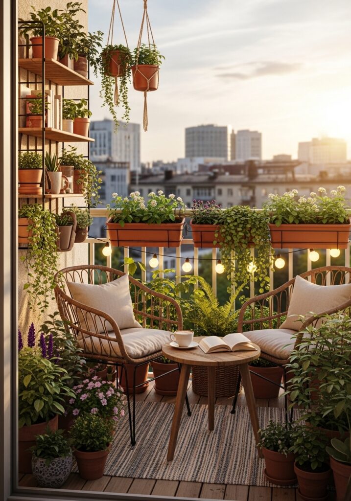 Decorated small balcony extending apartment living space