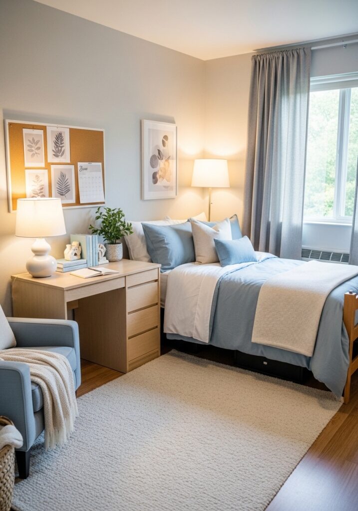 Calm color palette supporting focus in dorm room