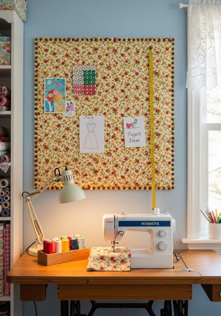  Upholstered pin board for sewing room organization
