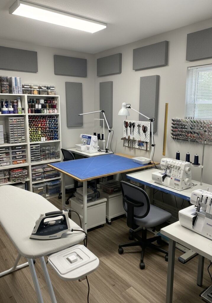 Noise-controlled sewing room layout for quieter operation