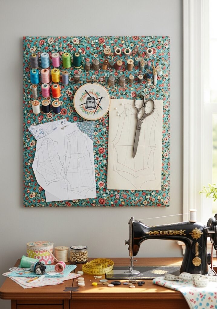 Upholstered pin board organizing sewing patterns