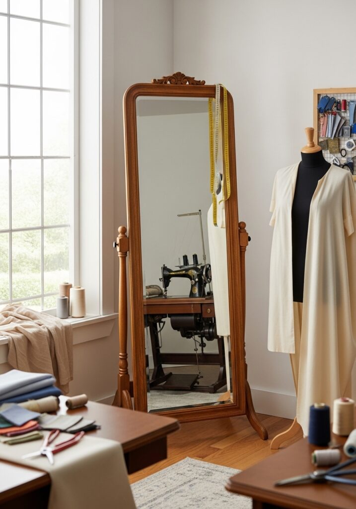  Mirror integrated into sewing room workspace