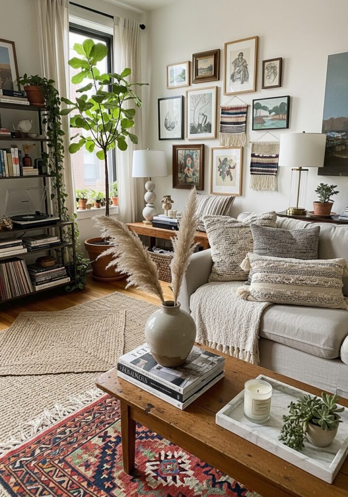 Layered decor adding depth to apartment interior