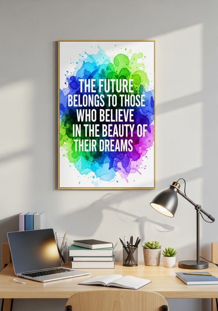 Motivational study quotes decorating dorm room