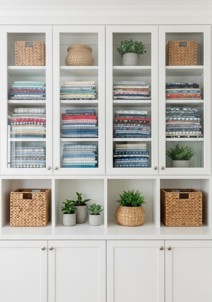 White built-in shelving with glass doors displaying organized fabrics and supplies