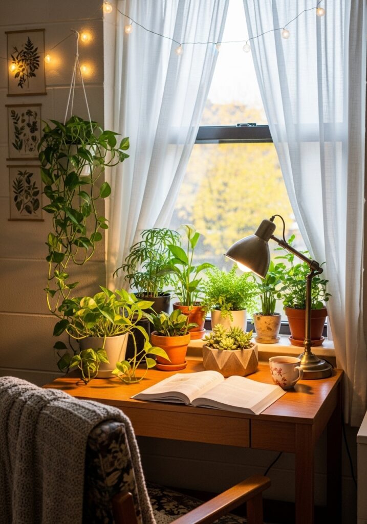 Window area styled for light and function in dorm room