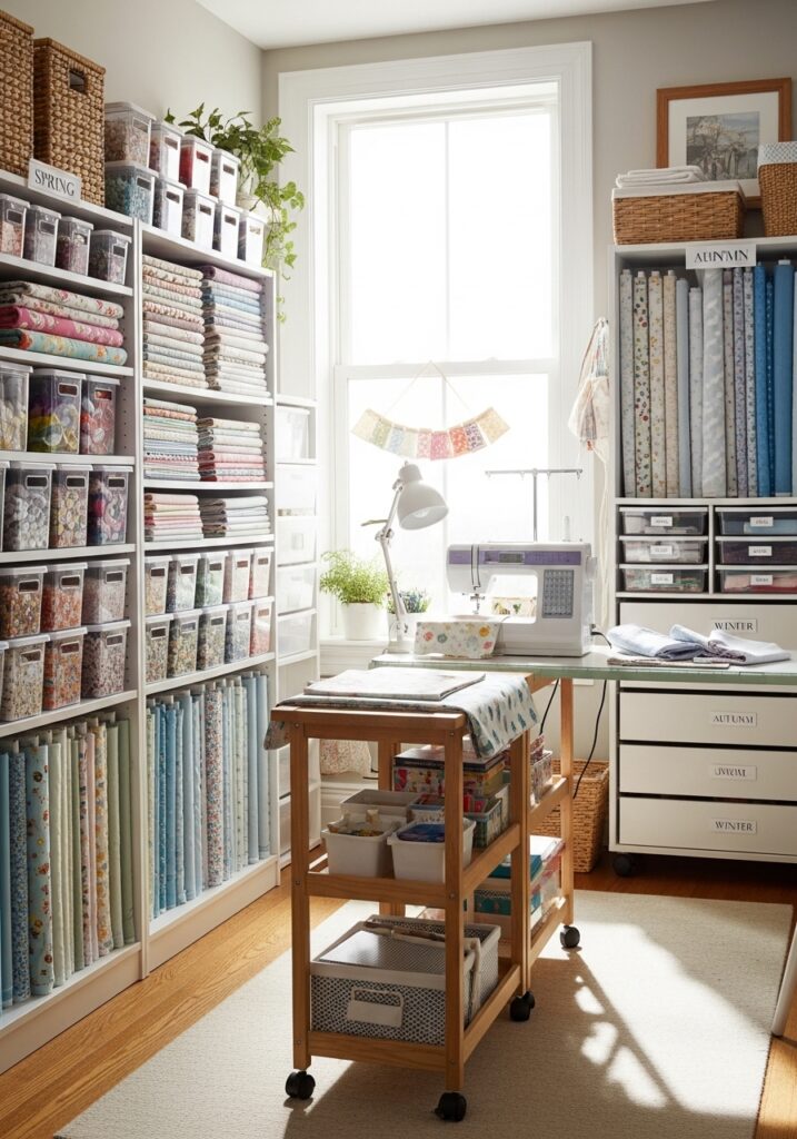 Seasonal storage organization in sewing room