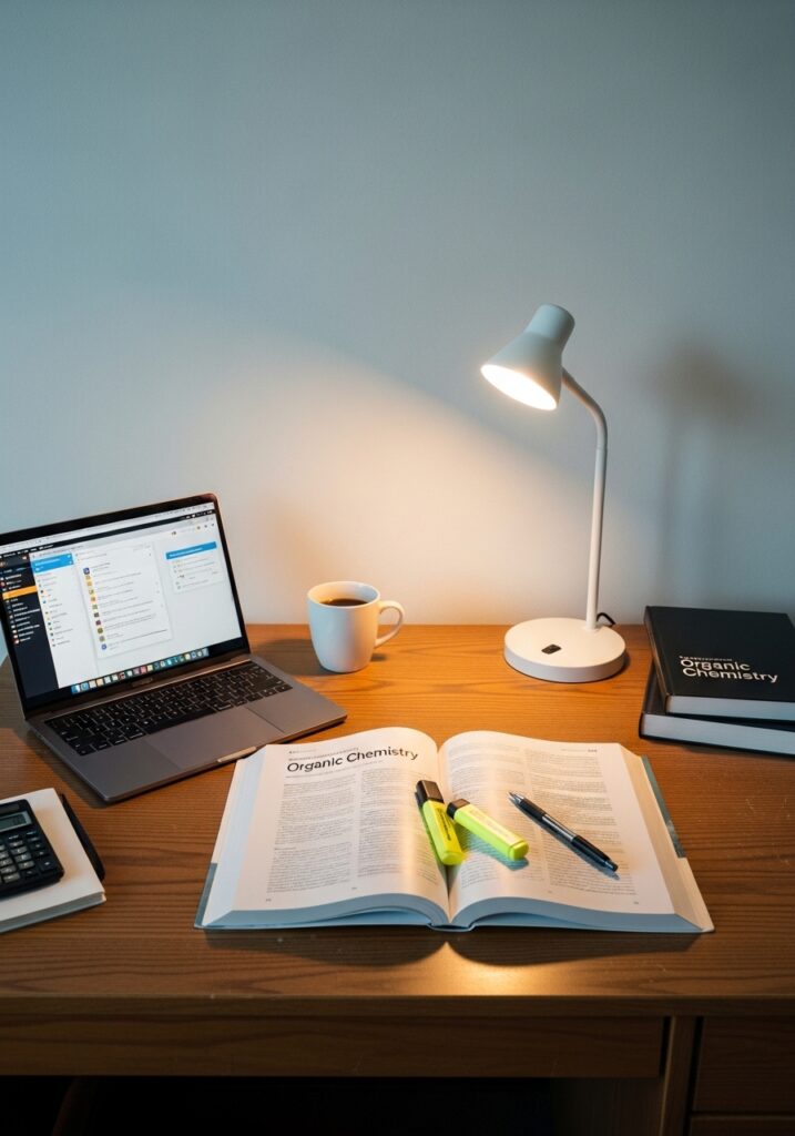 Exam-week dorm room setup supporting focus