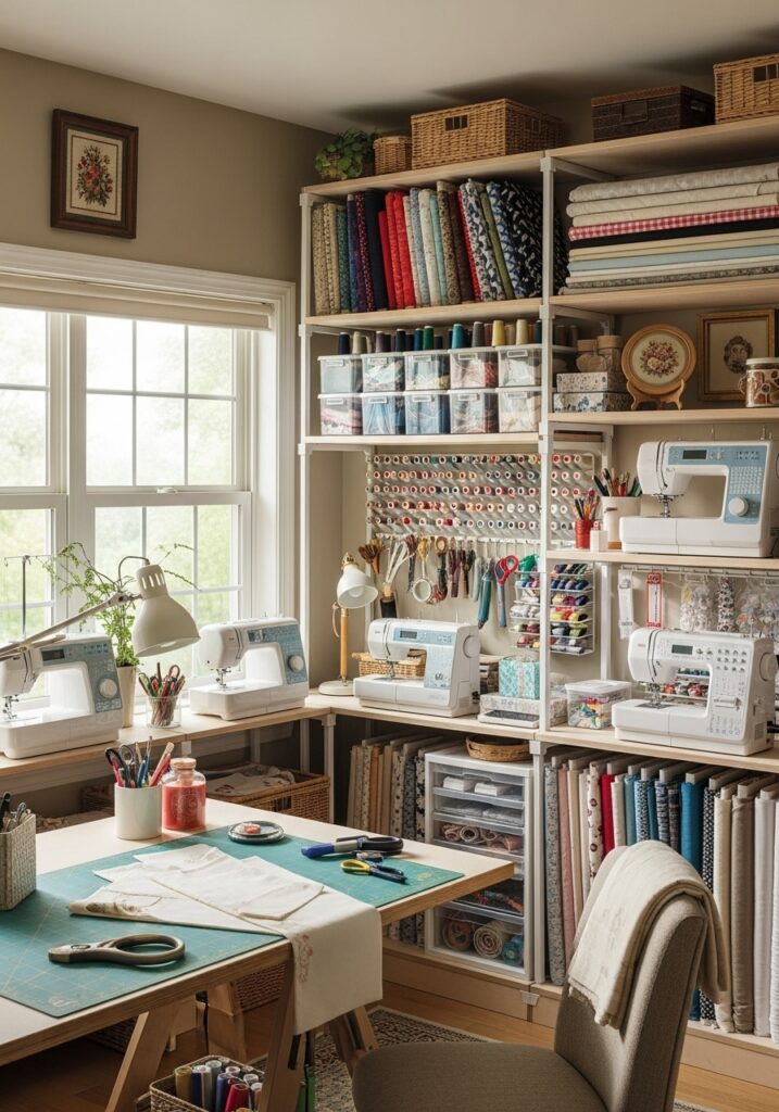  Adjustable shelves organizing sewing room storage