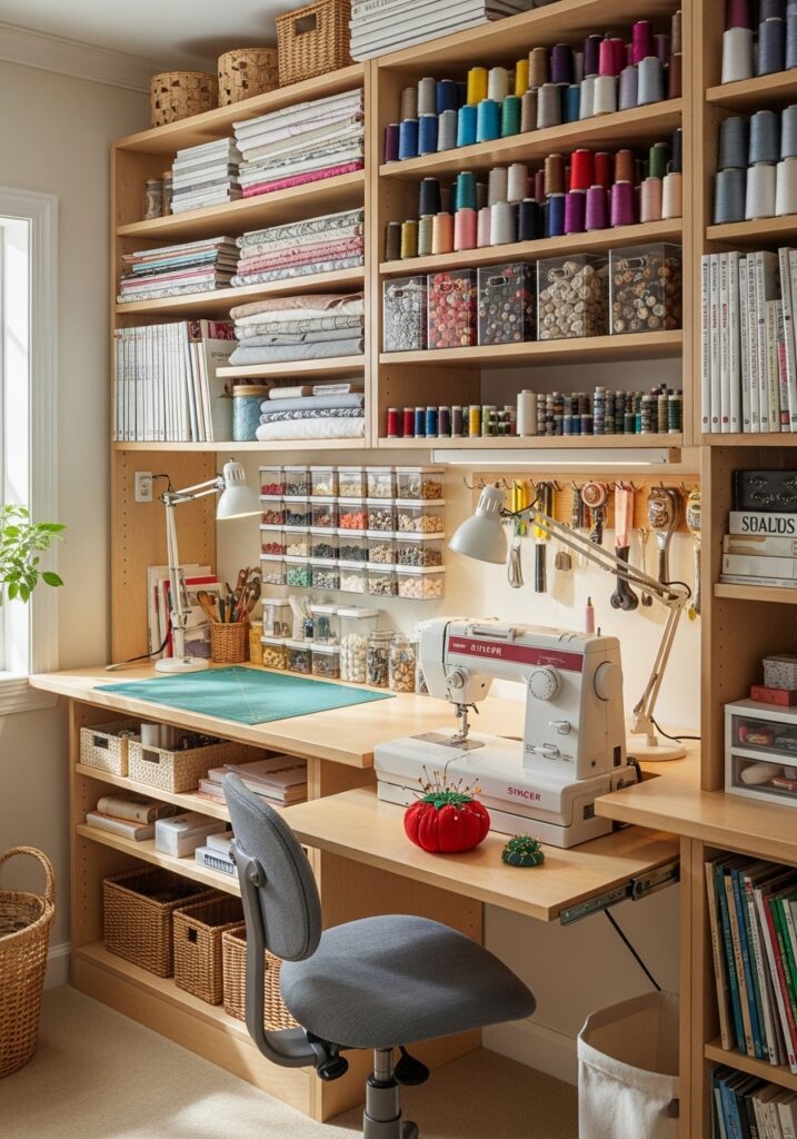 Adjustable shelves organizing sewing supplies