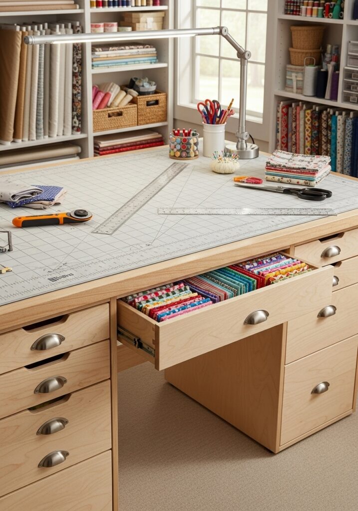 Cutting table with built-in storage in sewing room