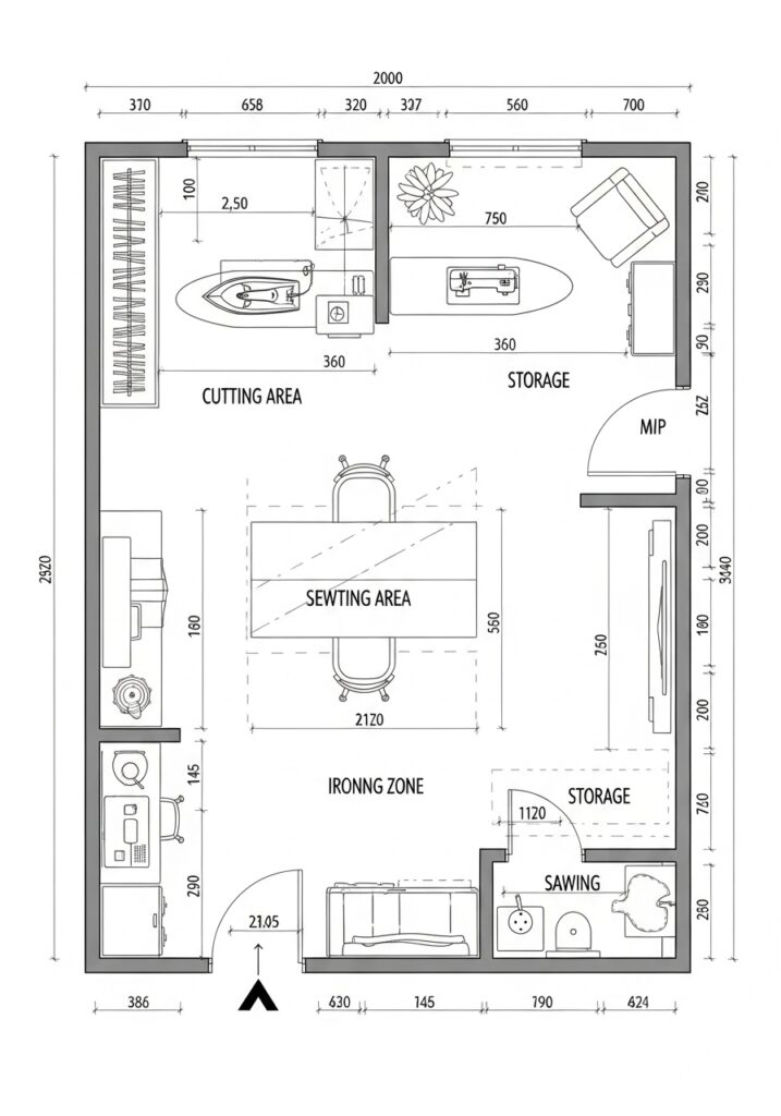  Measured sewing room layout ensuring ergonomic spacing and comfort