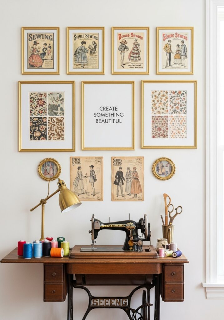 Gallery wall with vintage sewing prints and inspirational quotes above craft desk