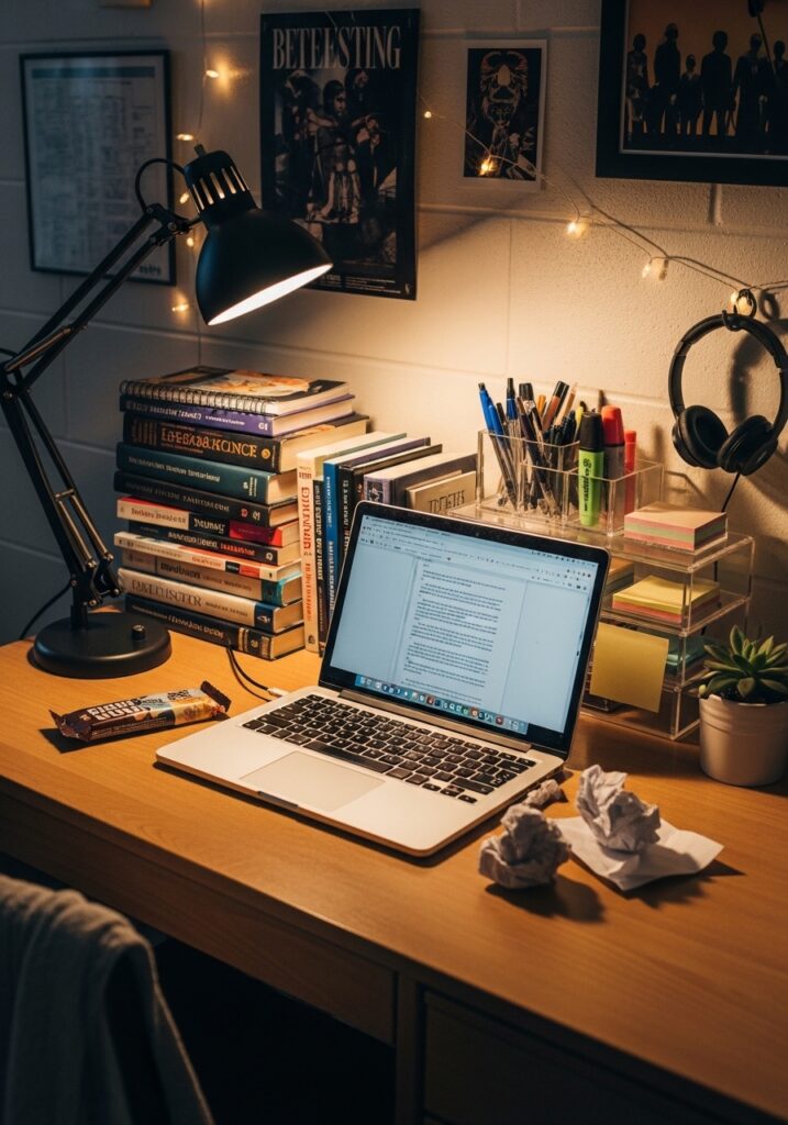 Functional dorm room desk setup designed for studying
