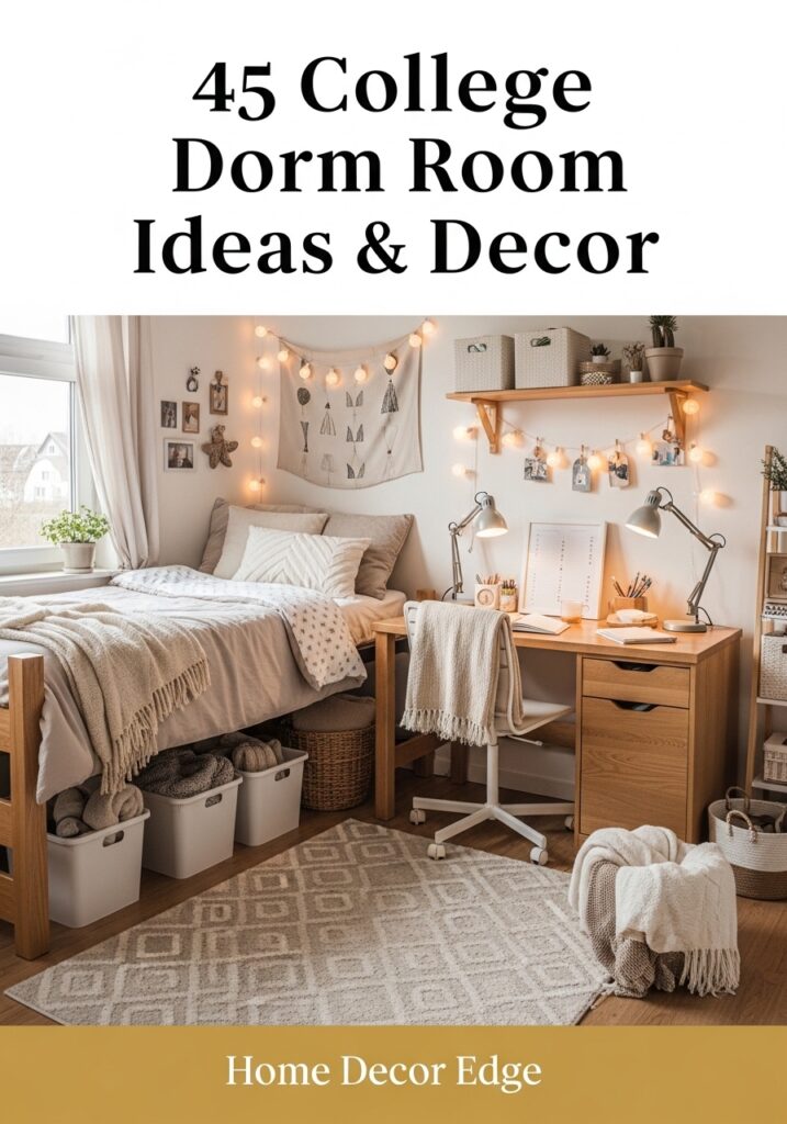  Stylish college dorm room decorated with cozy bedding, wall decor, desk setup, and warm lighting