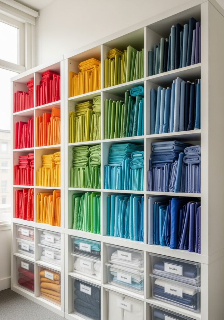 Rainbow organized fabric storage in white cube shelving unit