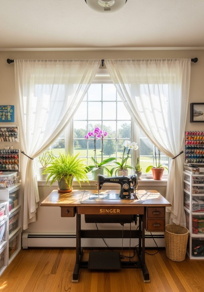 Bright sewing room with large window and sheer curtains for natural lighting