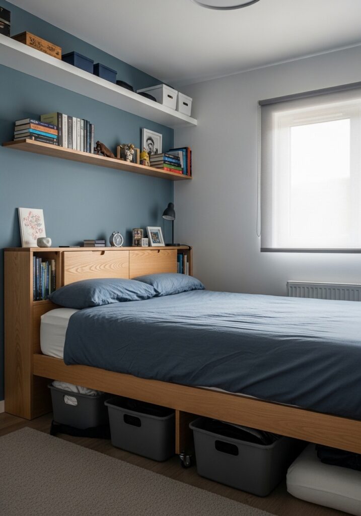 Vertical storage maximizing small dorm room space