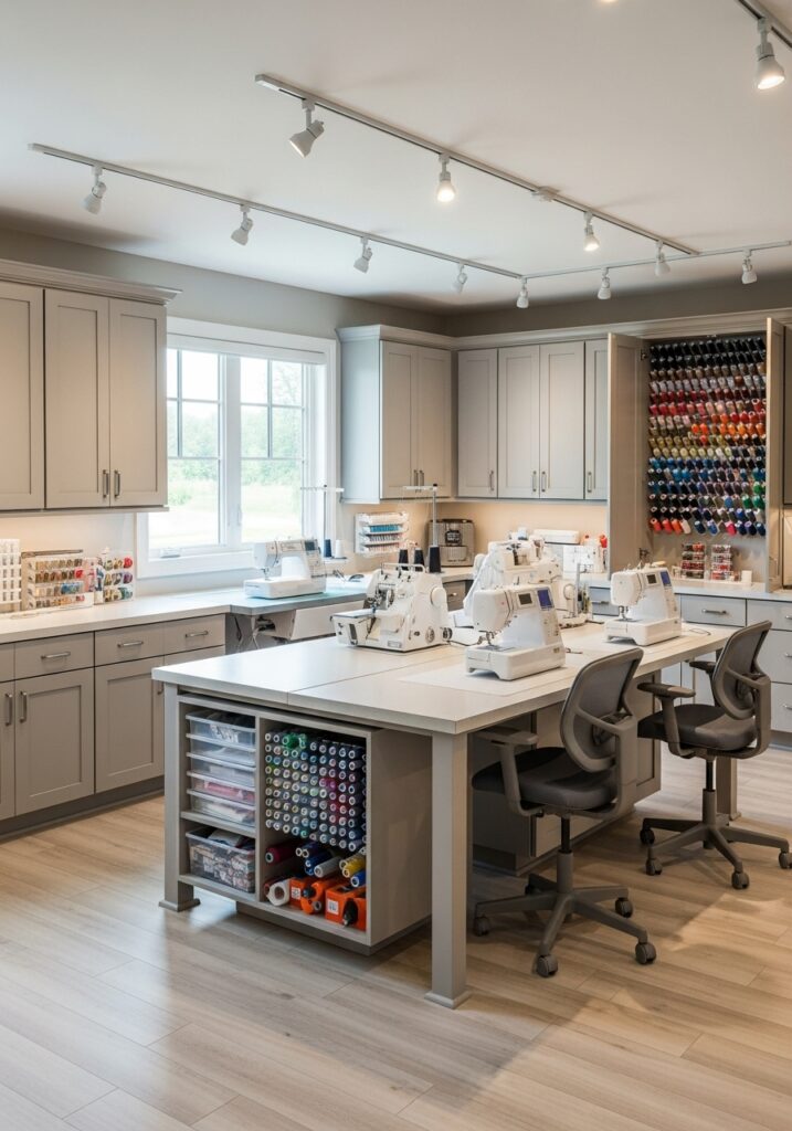  Sewing room layout using wall-to-wall storage for organization