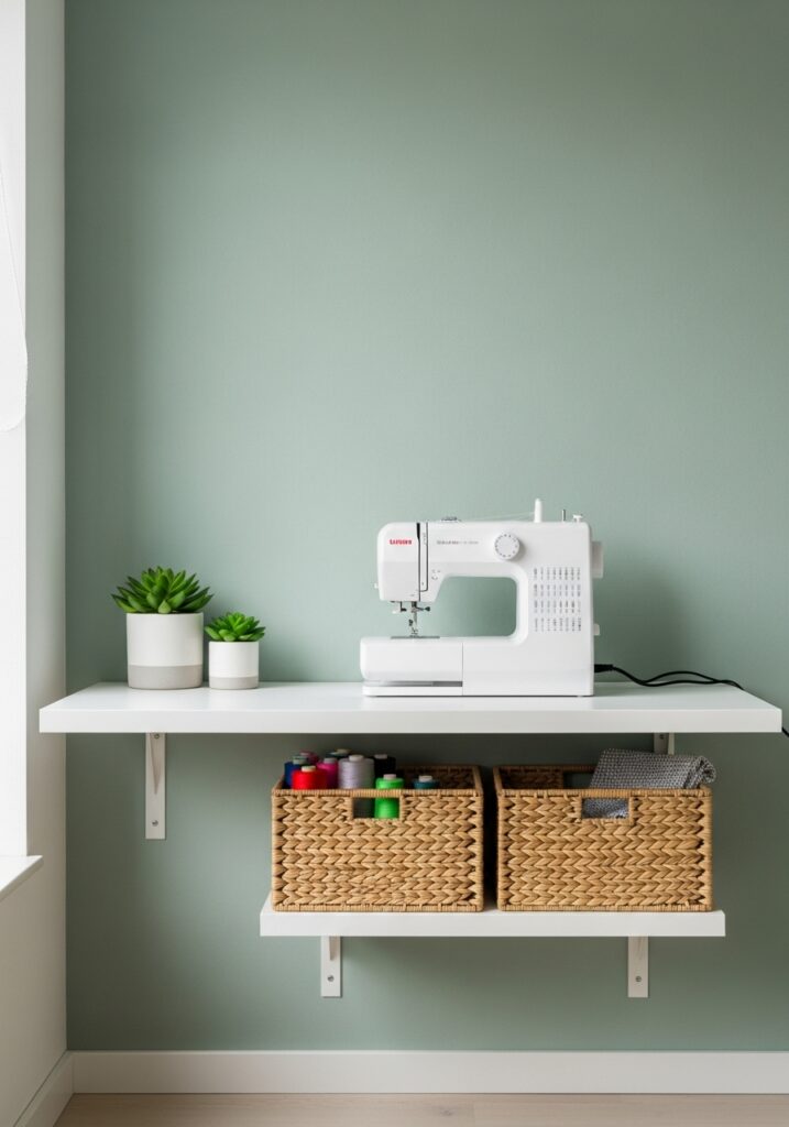 White floating desk with woven basket storage underneath in modern sewing room