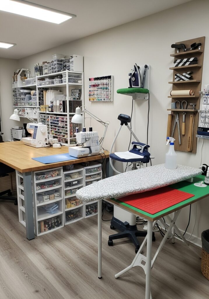 Sewing room layout featuring a dedicated pressing area