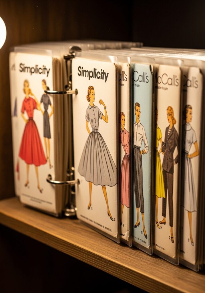 Vintage 1950s sewing patterns displayed in protective sleeves in binder
